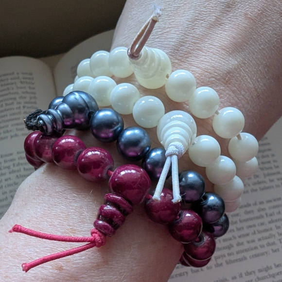Beaded Bracelet Set - Cream, Silver, and Red - Picture 3 of 7
